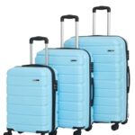 Teakwood Small-Medium-Large 8 Wheels Trolley Bag, Hard Cabin with Zipper Closure, Adjustable Push Button & Cross Side Strap, TSA Lock System 360 Degree (Set of 3, Sky Blue)