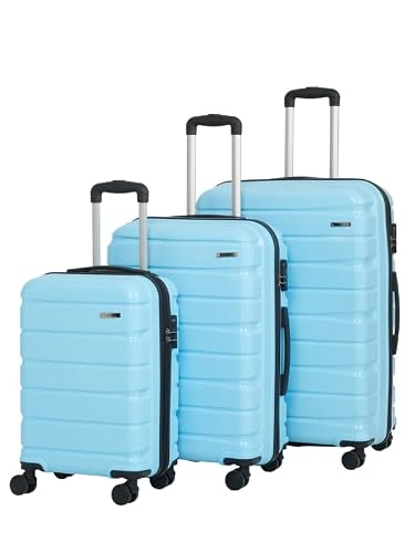 Teakwood Small-Medium-Large 8 Wheels Trolley Bag, Hard Cabin with Zipper Closure, Adjustable Push Button & Cross Side Strap, TSA Lock System 360 Degree (Set of 3, Sky Blue)