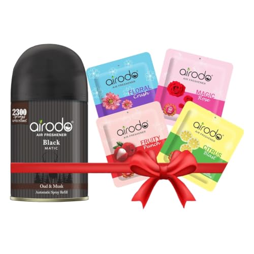 Premium Airodo Automatic Air Freshener Automizer Refill (Oud & Musk 235ml) + Pocket Gel Mix – 40g (Assorted pack of 4 new fragrances)| For Home & Office | Long Lasting Fragrance | Enhanced Formula