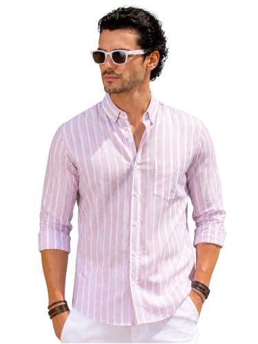 Majestic Man Classic Slim Fit Vertical Striped Casual Cotton Shirt (Light Purple, X-Large)