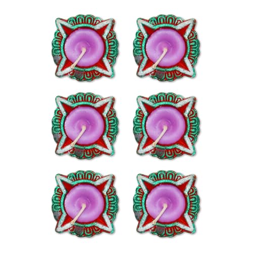 Home Genie Decorative Star-Shaped Diya Candles – Festive Wax Candles with Vibrant Red, Green & Purple Design for Diwali, Weddings, and Home Decoration Pack of 6