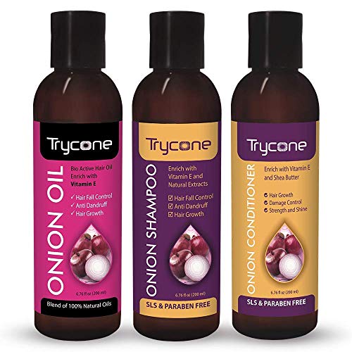 Trycone Onion Oil, Shampoo & Conditioner Combo Pack | Nourishing Care | Repair, Strengthen & Reduce Split Ends | Frizz-Free, Voluminous Look | 3-in-1 Care Solution (Pack of 3)