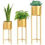 Zainsha Handicrafts Golden Metal Planters with Stand | Tall Indoor Plant Stand for Living Room Corner, Balcony & Bedroom | Flower Pots & Planters for Home Decor (Set of 3)