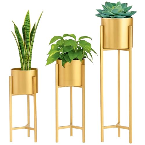 Zainsha Handicrafts Golden Metal Planters with Stand | Tall Indoor Plant Stand for Living Room Corner, Balcony & Bedroom | Flower Pots & Planters for Home Decor (Set of 3)