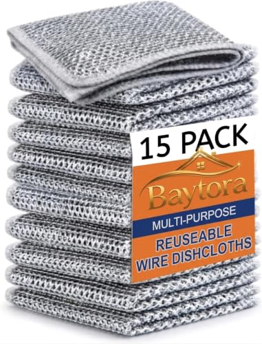 BAYTORA Non Scratch Wire Dish Cloth (Pack of 15), Steel Scrubber for Utensils Cleaning, Multipurpose Wet and Dry Cleaning, Stainless-Steel Dish Wash Scrubber for Washing Dishes, Sinks, Counters