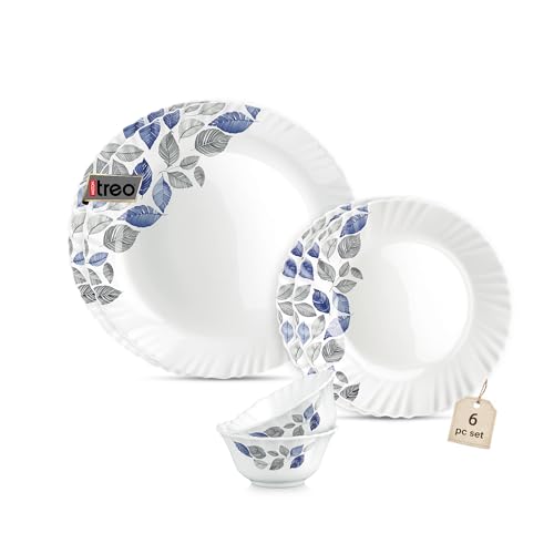 Treo by Milton Opalware Aurelia Lunis Dinner Set of 6 | Serving for 2 | Microwave & Dishwasher Safe | Bone-Ash Free | Tempered Toughness | Plates & Bowls | Crockery Set for Dining & Gifting