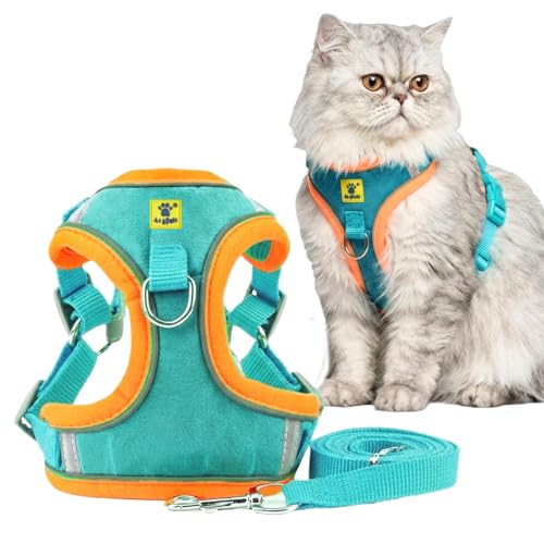 A+a Pets’ Suede Harness & Leash Set for Cats, Small Dogs | Escape Proof | Night Safety Reflective Strips | 2 Leash Points (M, Green)