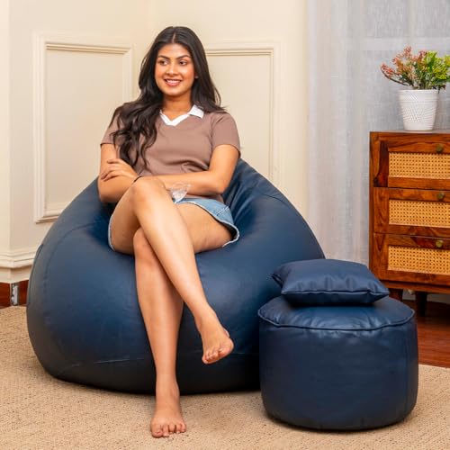 Sattva Classic XXXL Combo Bean Bag with Footstool & Cushion | Faux Leather Teardrop Bean Bag for Adults & Teens | Pre-Filled with Beans | Home, Bedroom, Living Room, Office – Navy Blue