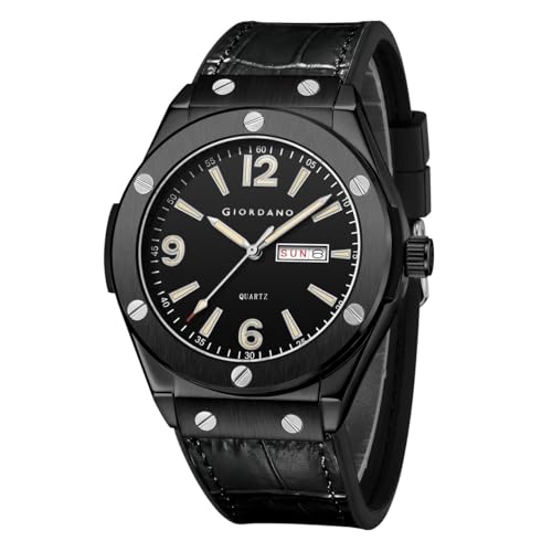 Giordano Luxury Watch for Men with Leather Strap, Day-Date Display, Brushed Metal Finish, and Silver Screw Details – GZ-50176-01