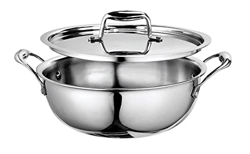 Signoraware Artista Triply Shallow Kadhai Stainless Steel Induction Compatible Triply with Steel Lid (Induction and Gas Compatible), 22cm, Capacity 2100ml, Silver