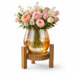 Pure Source India Amber Round Glass Flower Vase with Wooden Stand for Table Centerpiece, Rustic Boho Home Decor