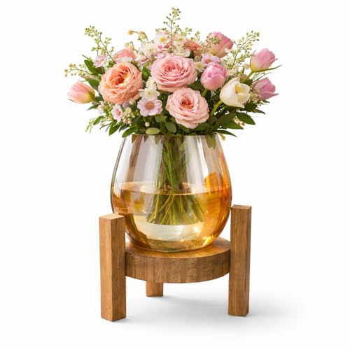 Pure Source India Amber Round Glass Flower Vase with Wooden Stand for Table Centerpiece, Rustic Boho Home Decor