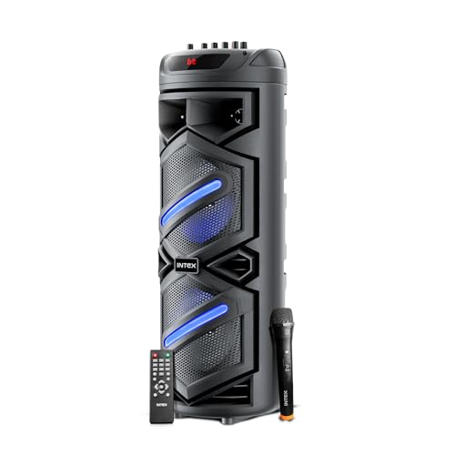 Intex Thriller 1100 Trolley Speaker | 110W Sound Output | Rechargeable Battery | Karaoke Wireless Mic | Mobile Holder | RGB Lights | FM/USB/AUX/BT Playback | 8″ Woofer (Black)