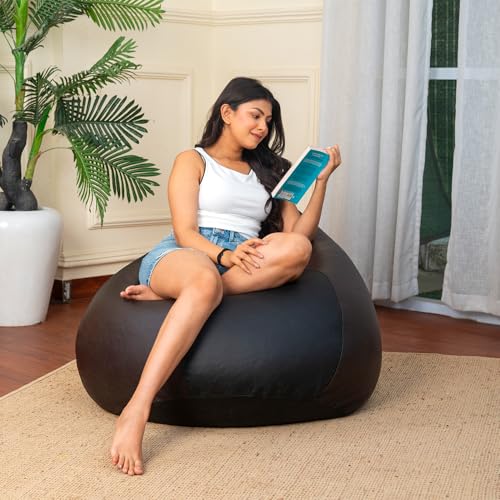 Sattva Classic Dual Color XXL Bean Bag with Pocket Filled with Beans | Faux Leather Teardrop Bean Bag for Adults & Teens | Pre-Filled Comfortable Seating for Home, Bedroom, Office – Black & Brown