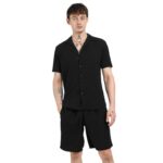 Campus Sutra Men’s Onyx Black Textured Interwine Co-Ord Set for Casual Wear | Cuban Collar | Short Sleeve | Button Closure | Co-Ords Crafted with Comfort Fit for Everyday Wear (Size: M)
