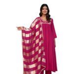 Jainica Solid A-line kurta set with printed dupatta