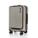 HRX Silver Cabin Size Transit Polycarbonate Hard Shell Suitcase with Front Laptop Compartment – Premium Travel Trolley Bag with 8 Spinner Wheels, Number Lock & Water Resistant Body
