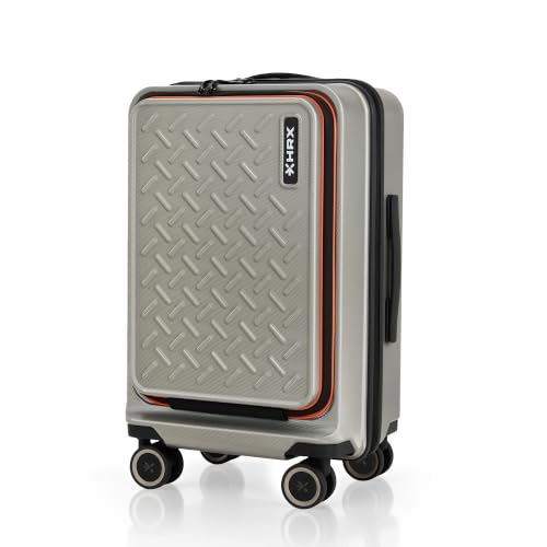 HRX Silver Cabin Size Transit Polycarbonate Hard Shell Suitcase with Front Laptop Compartment – Premium Travel Trolley Bag with 8 Spinner Wheels, Number Lock & Water Resistant Body