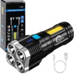 Rechargeable LED Torch Light with Cable, High Power Long Distance Flashlight, 4 Mode COB Emergency Light, USB Rechargeable Pocket Torch for Camping, Trekking, Outdoor & Power Cut