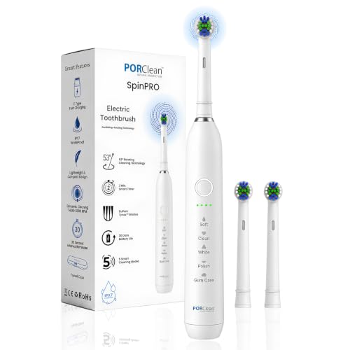 PORClean SpinPRO Electric Toothbrush for Adults – 53° Oscillating Rotary Cleaning, 5 Modes, 5600–8500 RPM, 2-Min Smart Timer, DuPont Tynex Bristles, 30-Day Battery, IPX7 Waterproof, Rechargeable brush