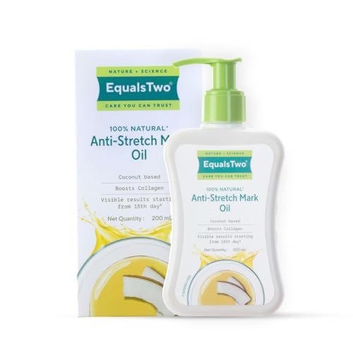 EQUALSTWO by Zydus Anti Stretch Mark Oil, 200ml, 100% Natural Stretch Marks Oil for Pregnancy, Enriched with Flex Seeds & Oat Oil to Lighten Scars, Dermatologically Tested, No Paraben No Sulphate (Pack of 1)