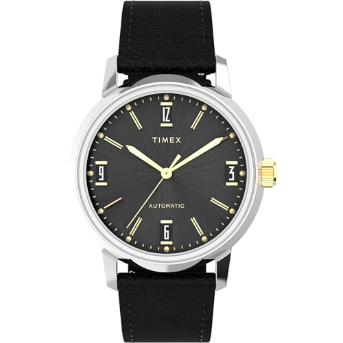 TIMEX Marlin Mechanical Automatic Watch for man with Black Round Dial & Black Leather Strap Band Water Resistant Men’s Wrist Watches – TW2W33900U9