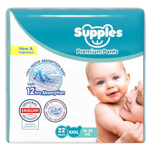 Amazon Brand – Supples Premium Baby Diaper Pants | 22 Baby Diapers | XXXL | 18-55 Kg | 12 Hrs Absorption | Cushiony Cotton Soft Fabric | Phthalates-Free | Triple Leak Guard