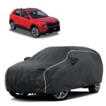 Sulfar 100% Water Resistant Car Body Cover Compatible with Mirror for Skoda Kylaq (Triple Stitched, Full Bottom Elastic, Dark Grey Tafetta with Yellow Piping)