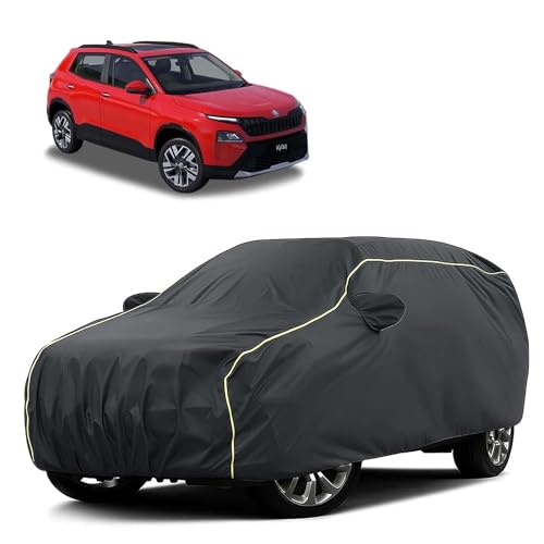 Sulfar 100% Water Resistant Car Body Cover Compatible with Mirror for Skoda Kylaq (Triple Stitched, Full Bottom Elastic, Dark Grey Tafetta with Yellow Piping)
