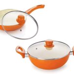 NIRLON Ceramic Induction Base Non-Stick Aluminium Fry Pan and Kadhai with Glass Lid – Set of 2 (Orange)