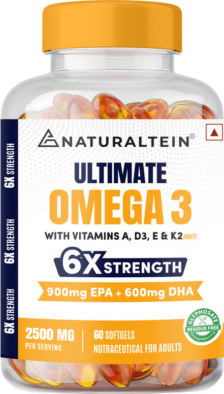 NATURALTEIN Ultimate 6X Omega 3 Fish Oil|2500 mg with 900 mg EPA+600mg DHA|Vitamin A,D3,E&K2(60 Capsules)