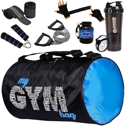 (Pack of 7) My Gym Bag Combo for Men, Shaker Bottle Gym Gloves l Whey Container Toning Tube Gym kit for Men and Women Gym Bag & Fitness Kit & Premium Bag Combo (Black)