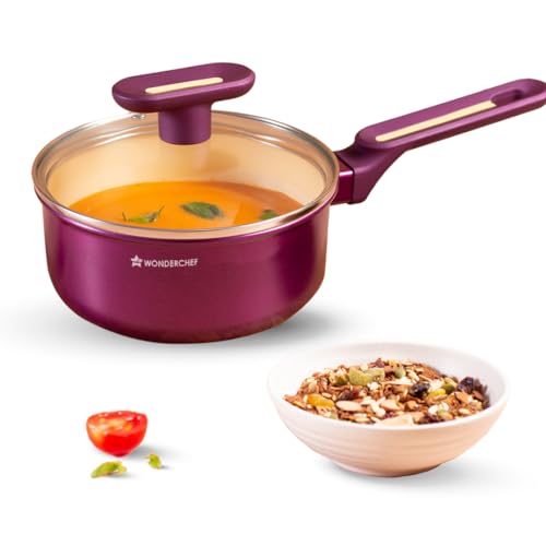 Wonderchef Bellagio Sauce Pan | 16 cm | 1.4 L | Non-Stick Ceramic Coating | Non-Toxic | Pure Aluminium | PFAS and PFOA Free | 3mm Thickness | Two-Tone Soft-Touch Handle & Knob | 2 Years Warranty