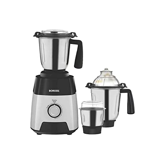 Borosil Silverline Mixer Grinder, for Wet/Dry Mixing & Grinding, 750 Watts, 3 Stainless Steel Jars (400 ml Chutney Jar, 1.5 L Blending Jar, 1.2 L Dry/Wet Grinding Jar), Mixie for Kitchen