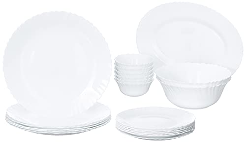 Larah by Borosil Fluted Series Snow Opalware Dinner Set | 21 Piece for Family of 6 | Microwave & Dishwasher Safe | Bone-Ash Free | Crockery Set for Dining & Gifting | Plates & Bowls | White