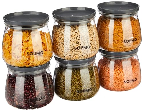 Amazon Brand – Solimo Plastic Storage Jar and Container Set I Air Tight & BPA Free Containers for Kitchen Storage Set I Grocery Kitchen Container Set I Multipurpose Jar, 800 Ml Each, Set 6, Grey