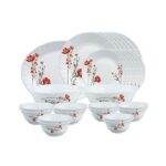 Larah by Borosil Chrys Red Opalware Dinner Set, 27 Pcs, White