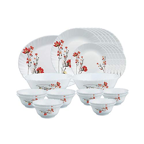 Larah by Borosil Chrys Red Opalware Dinner Set, 27 Pcs, White