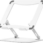 amazon basics Tabletop Laptop Stand, Ergonomic Adjustable & Ventilated Metal Riser Holder for Desk Fits Upto 15.6 Inch Laptops (White)