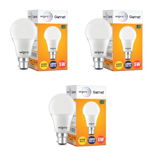 wipro Garnet 5W LED Bulb for Home & Office |Warm White (2700K) | B22 Base|220 degree Light coverage |4Kv Surge Protection |400V High Voltage Protection |Energy Efficient | Pack of 3