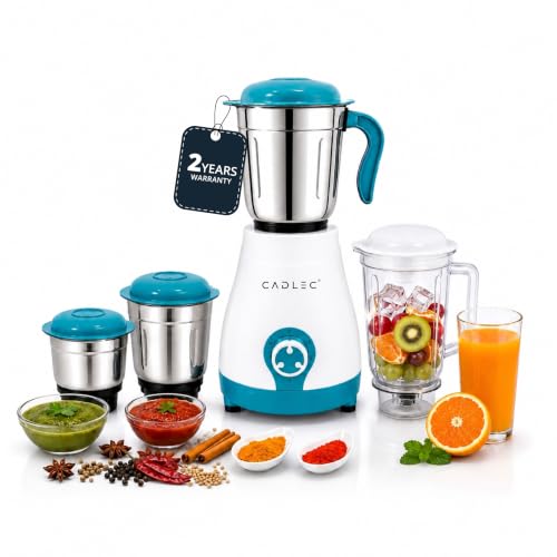 CADLEC BlendCraft 750 Watt Mixer Grinder with 4 Jars | Powerful Motor for Wet & Dry Grinding, Chutney, Mixing, Juicing & Blending | Durable ABS Body | 2-Year Warranty | Blue & White
