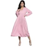 Varanga Women Pink V-Neck Bishop Sleeves A-Line Dress with Gathered Details, Calf Length (Small)
