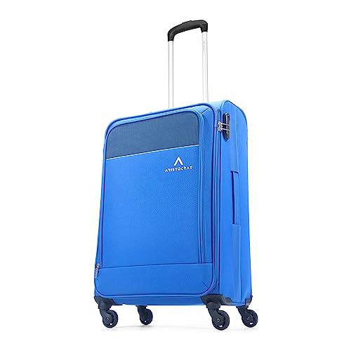 Aristocrat Oasis Plus Medium Size Soft Check in Spinner Luggage (69 Cm)|Spacious Polyester Trolley with 4 Wheels and Combination Lock|Dazzling Blue|Unisex| 3 Years Warranty