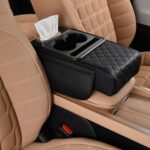 Leather Car Armrest Cushion with Dual Cup Holders & Storage Box, Universal Center Console Hand Rest Cover, Quilted Car Armrest Organizer with Tissue Holder for Cars, SUVs & Trucks, Easy Installation
