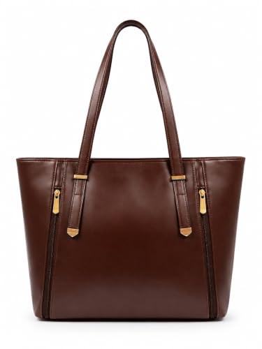 Handbag for Women, Brown Faux Leather Tote Bag with Side Zips, Multi-Compartment Shoulder Bag