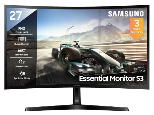 Samsung 27″ (68.5cm) 100Hz Curved Monitor|1800R Curved Screen|100Hz|4ms|SRGB 95%|Ports-HDMI,D-Sub,Headphone|Game Mode|EyeSaver Mode|16.7M Color Support|Flicker Free|Off Timer Plus|LS27D368GAWXXL|Black