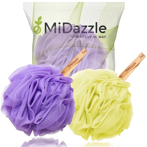 Midazzle Luxury Loofah Bathing Sponge Exfoliator Scrubber for High Lather Cleansing (Pack of 2, Purple & Yellow)