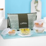 Larah Glassware Gracia Green Borosilicate Glass Lunchbox with Bag | Microwave & Dishwasher Safe, Leakproof | Tiffin for Office, School, College (Daisy)