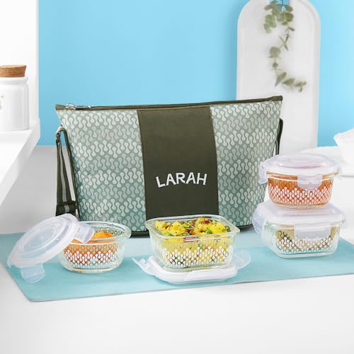 Larah Glassware Gracia Green Borosilicate Glass Lunchbox with Bag | Microwave & Dishwasher Safe, Leakproof | Tiffin for Office, School, College (Daisy)