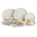 CELLO Royal Amber Gold Divine Series Opalware Dinner Set of 33 Pieces for Family of 6 | Bone-Ash Free & Leadfree Opal Glass Microwave & Dishwasher Safe Crockery Plate Bowl Set for Daily Use & Gifting